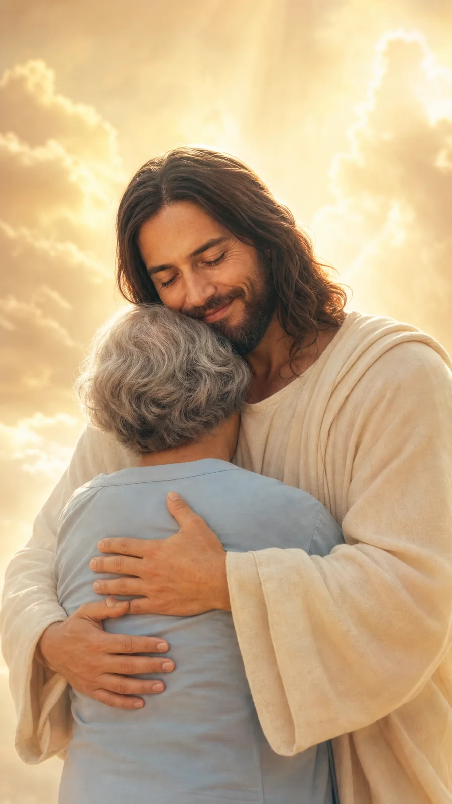 Representação de Jesus acolhendo uma senhora em um abraço de paz